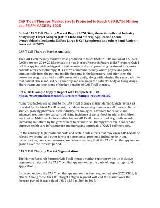 CAR T Cell Therapy Market Size Is Projected to Reach USD 8,716 Million at a 58.5% CAGR By 2025