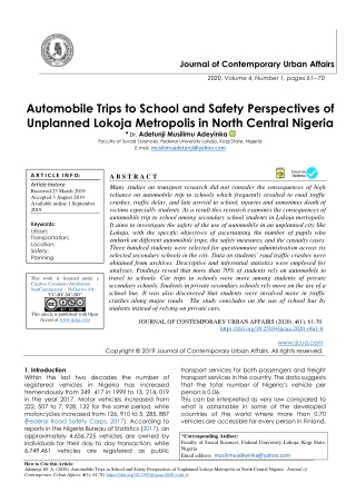 Automobile Trips to School and Safety Perspectives of Unplanned Lokoja Metropolis in North Central Nigeria