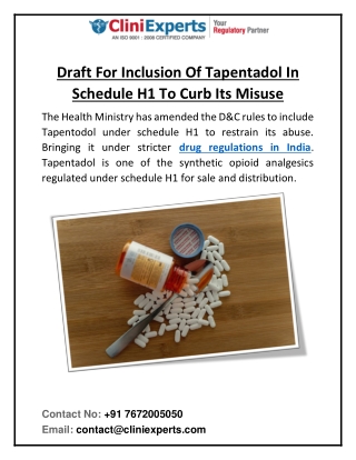 Draft For Inclusion Of Tapentadol In Schedule H1 To Curb Its Misuse