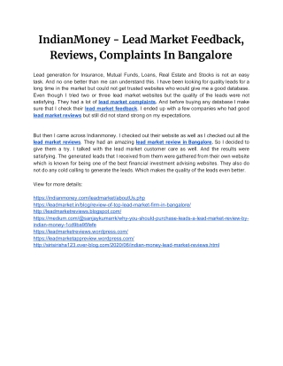 IndianMoney - Lead Market Feedback, Reviews, Complaints In Bangalore