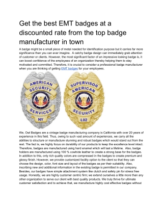 Get the best EMT badges at a discounted rate from the top badge manufacturer in town