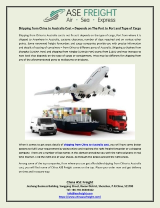 Shipping from China to Australia Cost – Depends on The Port to Port and Type of Cargo