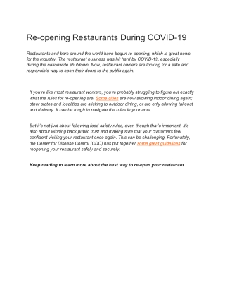 Re-opening Restaurants During COVID-19