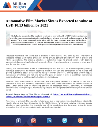 Automotive Film Market Size is Expected to value at USD 10.13 billion by 2021