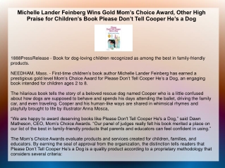 Michelle Lander Feinberg Wins Gold Mom’s Choice Award, Other High Praise for Children’s Book Please Don’t Tell Cooper He