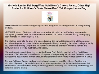 Michelle Lander Feinberg Wins Gold Mom’s Choice Award, Other High Praise for Children’s Book Please Don’t Tell Cooper He