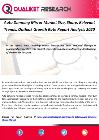 Auto Dimming Mirror Market Size, Share, Relevant Trends, Outlook Growth Rate Report Analysis 2020