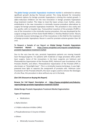 Global Benign Prostatic Hyperplasia Treatment Market  will experience a noticeable growth during the forecast period 201