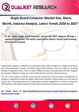 Single Board Computer Market Size, Share,  Worth, Industry Analysis, Latest Trends 2020 to 2027