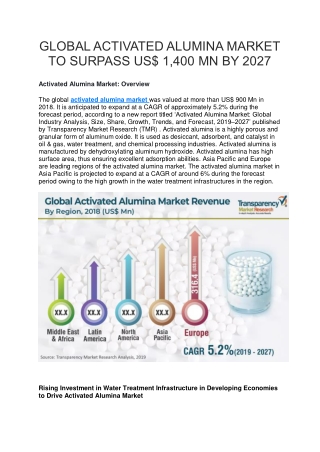 GLOBAL ACTIVATED ALUMINA MARKET TO SURPASS US$ 1,400 MN BY 2027