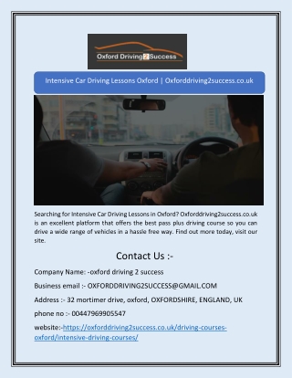Intensive Car Driving Lessons Oxford | Oxforddriving2success.co.uk