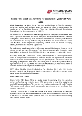 Cosmo Films to set up a new Line for Speciality Polyester (BOPET) Films