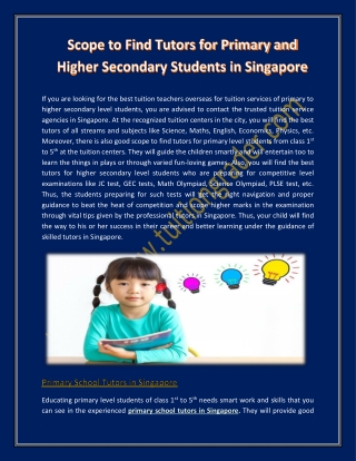 Scope to Find Tutors for Primary and Higher Secondary Students in Singapore