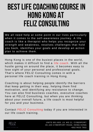 Best Life Coaching Course in Hong Kong at FELIZ Consulting