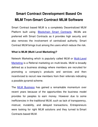 Smart Contract Development Based On MLM Tron-Smart Contract MLM Software