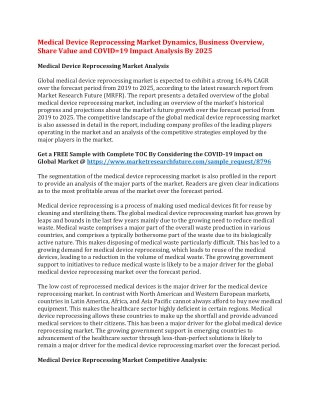 Medical Device Reprocessing Market Dynamics, Business Overview, Share Value and COVID=19 Impact Analysis By 2025