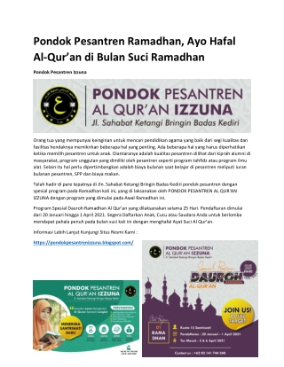 Pondok Pesantren Ramadhan, Ayo Hafal Al-Qur'an di Bulan Suci Ramadhan