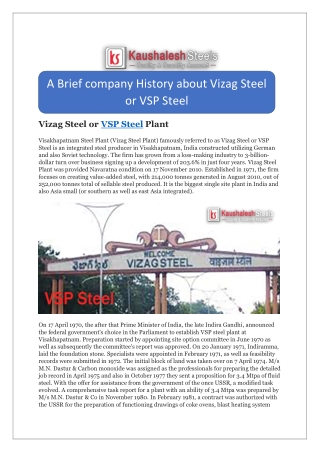 A Brief Company History, about Vizag Steel or VSP Steel