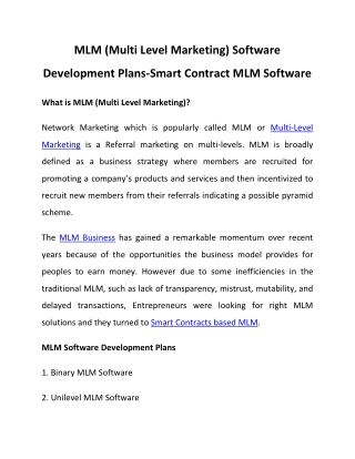 MLM (Multi Level Marketing) Software Development Plans-Smart Contract MLM Software