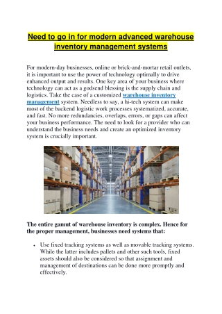 Need to go in for modern advanced warehouse inventory management systems