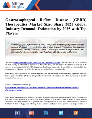 Gastroesophageal Reflux Disease (GERD) Therapeutics Market Demand, Global Overview, Size, Value Analysis, Leading Player