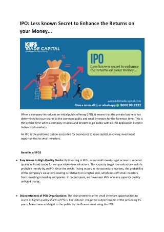 IPO: Less known Secret to Enhance the Returns on your Money...