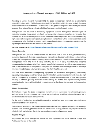 Europe Homogenizers Market to witness momentum growth by 2022