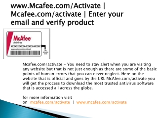 www.Mcafee.com/Activate | Mcafee.com/activate | Enter your email and verify product