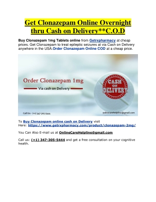 Get Clonazepam Online Overnight thru Cash on Delivery**C.O.D