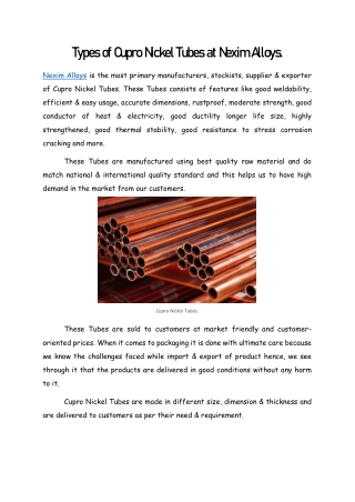 Cupro Nickel Tubes Manufacturer in Mumbai.