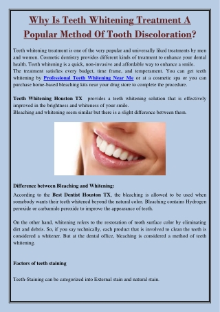 Why Is Teeth Whitening Treatment A Popular Method Of Tooth Discoloration?