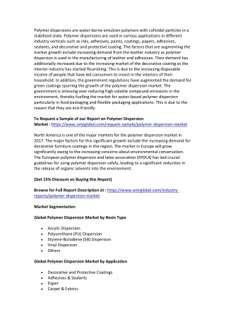 Polymer Dispersion Market  Size, Segmentation, Share, Forecast, Analysis, Industry Report to 2018-2023