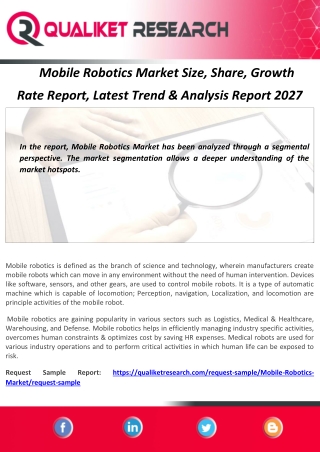 Mobile Robotics Market Size, Share, Growth Rate Report, Latest Trend & Analysis Report 2027