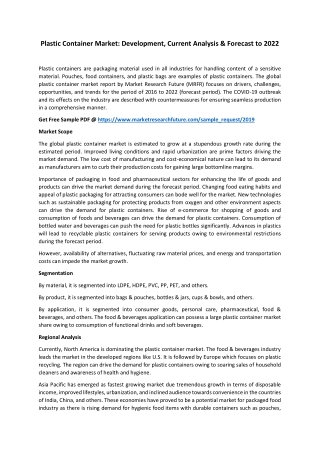 Plastic Container Market: Development, Current Analysis & Forecast to 2022