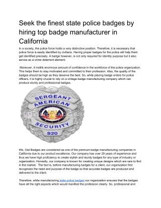 Seek the finest state police badges by hiring top badge manufacturer in California