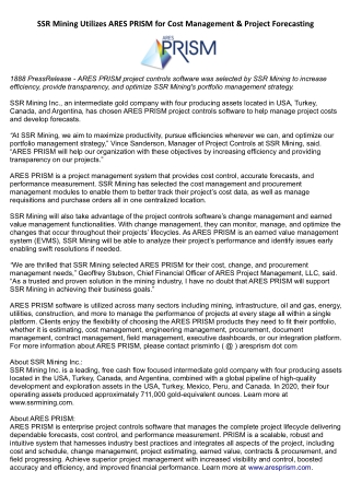 SSR Mining Utilizes ARES PRISM for Cost Management & Project Forecasting