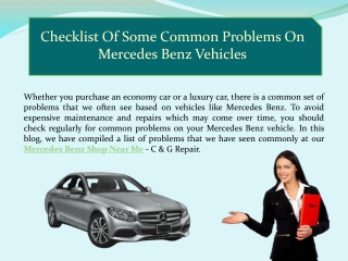 Checklist Of Some Common Problems On Mercedes Benz Vehicles