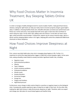 Why Food Choices Matter In Insomnia Treatment; Buy Sleeping Tablets Online UK