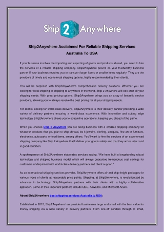 Ship2Anywhere Acclaimed For Reliable Shipping Services Australia To USA