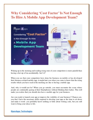 Why Considering ‘Cost Factor’ Is Not Enough To Hire A Mobile App Development Team?