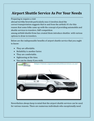 Airport Shuttle Service As Per Your Needs