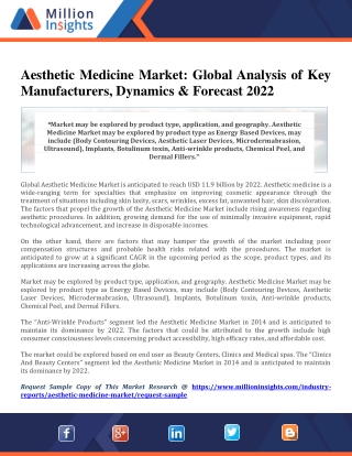 Aesthetic Medicine Market: Global Analysis of Key Manufacturers, Dynamics & Forecast 2022