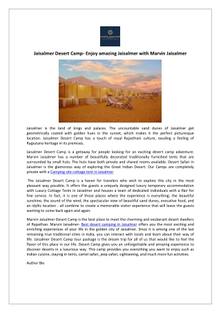 Jaisalmer Desert Camp- Enjoy amazing Jaisalmer with Marvin Jaisalmer
