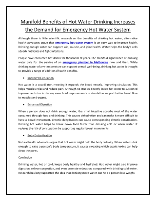 Manifold Benefits of Hot Water Drinking Increases the Demand for Emergency Hot Water System