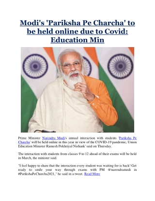 Modi's 'Pariksha Pe Charcha' to be held online due to Covid: Education Min