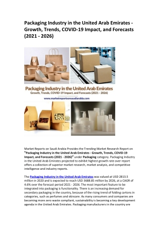 United Arab Emirates Packaging Industry Opportunity and Forecasts (2021 - 2026)
