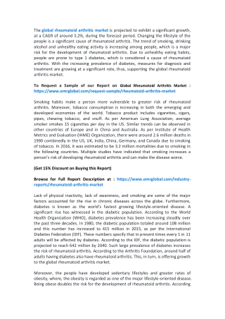 Global Rheumatoid Arthritis Market  will experience a noticeable growth during the forecast period 2019-2025