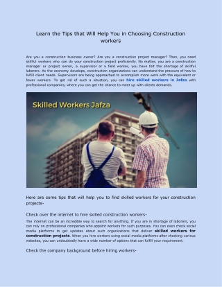 Learn the Tips that Will Help You in Choosing Construction workers