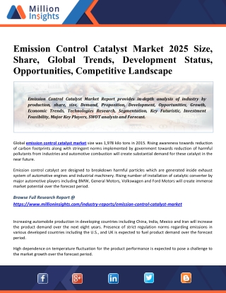 Global Emission Control Catalyst Market Overview, Growth, Economics, Demand 2025