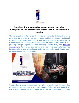 Intelligent and connected construction – A global disruption in the construction sector with AI and Machine Learning.